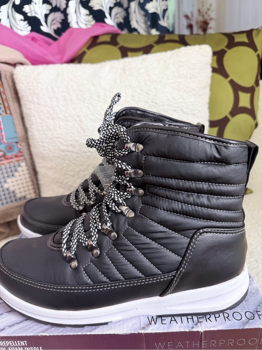 Weatherproof Black Quilted Lace-Up Winter Boots with White Sole